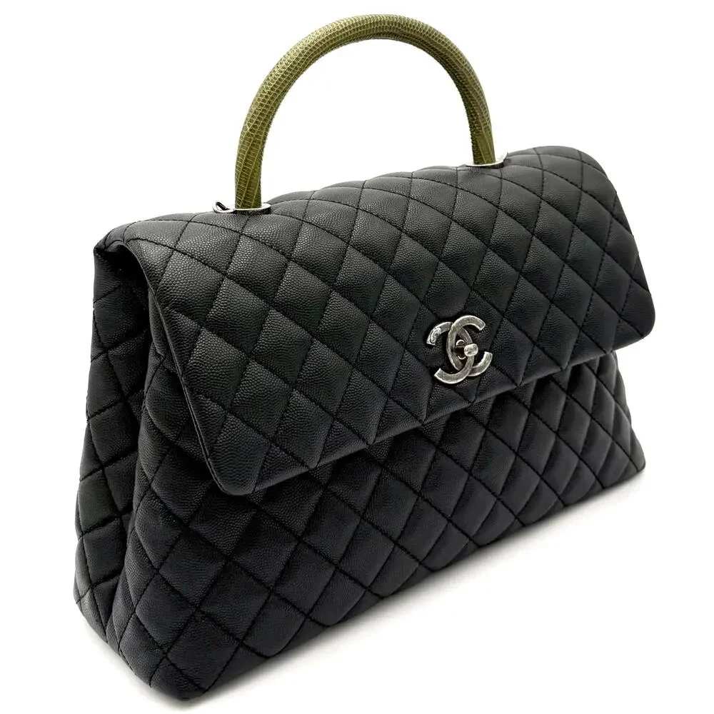 Black Coco Handle Medium Caviar Leather and Lizard Handle Bag
